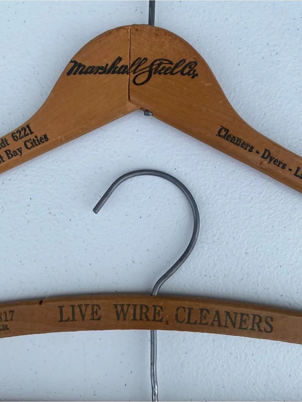 Lot of 2 : Vintage Wooden Advertising Clothes Hangers Marshall Steel Live Wire